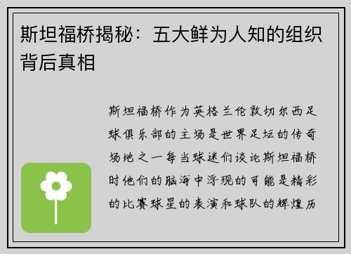 斯坦福桥揭秘：五大鲜为人知的组织背后真相
