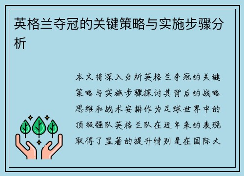 英格兰夺冠的关键策略与实施步骤分析