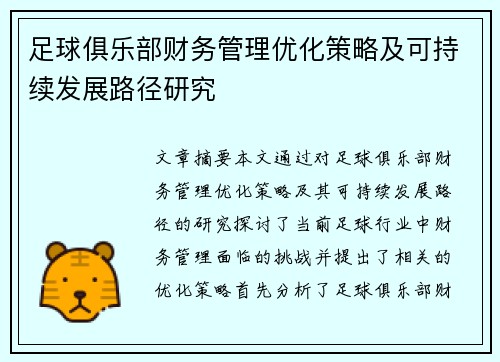 足球俱乐部财务管理优化策略及可持续发展路径研究